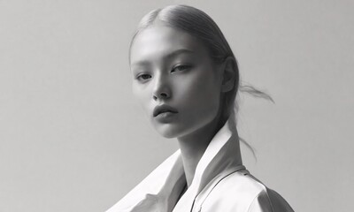 Wall Mural - A black and white portrait of a young woman with short blonde hair, wearing a white jacket.

