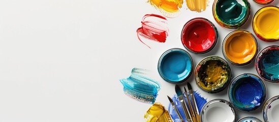 Canvas Print - Colorful gouache paint cans and artist brushes displayed on a white background with copy space image.