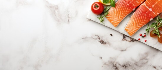 Wall Mural - Raw salmon steak on white marble background with copy space image, ideal for cooking. Uncooked salmon slices - a nutritious ingredient.