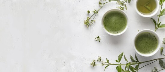 Aufkleber - A flat lay showcasing green matcha tea on a white table with ample copy space image.