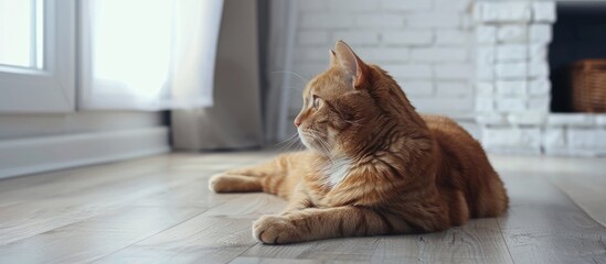 Poster - Ginger cat sitting on the wooden floor in a white room. The fat red cat is resting. Sweet fluffy kitten at home. A large red cat lies beautifully on the floor in the interior of a modern apartment