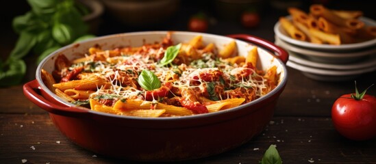 Aufkleber - A visually pleasing side view of a simple and rustic homemade tomato basil pasta bake, with a designated area for additional text or images - copy space image.