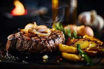 Poster - A mouth-watering steak paired with crispy roasted potatoes, garnished with rosemary and grilled onions. Perfect for a fine dining experience.