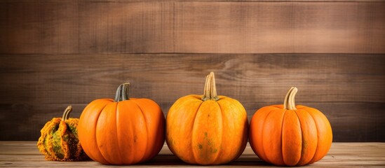 Poster - Autumn harvest of three pumpkins stacked on a wooden backdrop with copy space image.