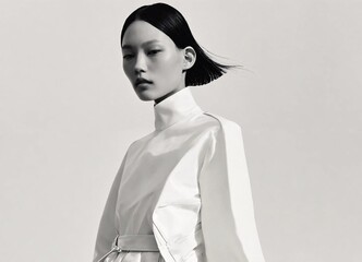 Wall Mural - A black and white photo of a young Asian woman with short dark hair wearing a white turtleneck blouse.

