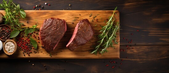 Aufkleber - Top view of a cutting board with a seasoned beef steak, offering copy space image.
