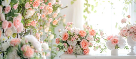 Poster - Table decorated for a wedding celebration. Bouquets of pink, white and peach flowers, vintage decor. White bright room, an arch of rose flowers. Copy space image. Place for adding text or design