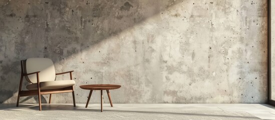 Poster - small table and chair placed on the carpet floor on modern wall, minimal concept. with copy space image. Place for adding text or design