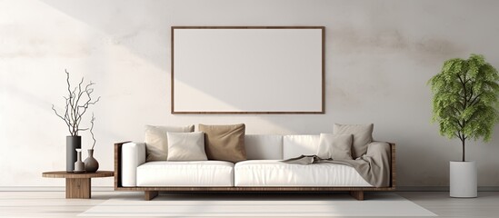 Aufkleber - Elegant living room with minimalist home decor and a mockup poster frame for a copy space image.