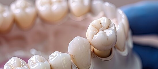 Fototapete - Placing ceramic dental crown on dental implant in the front tooth. Copy space image. Place for adding text or design