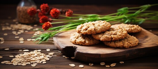 Fototapete - Oat cookies displayed on a rustic wooden table with a blank space for adding an image. with copy space image. Place for adding text or design