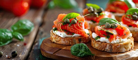 Aufkleber - A wooden table displays tasty sandwiches topped with cream cheese, salmon, capers, and pesto, creating an appetizing copy space image.