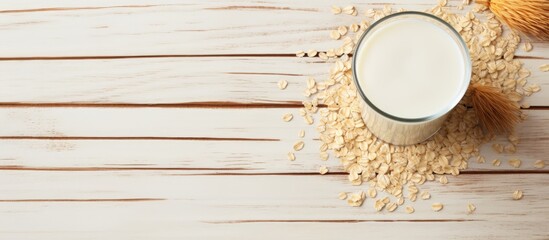 Aufkleber - A glass of oat milk topped with baked cereal flakes, suitable for vegetarians. Flat lay composition with ample copy space image.