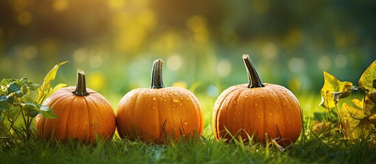 Poster - Three Halloween pumpkins, ripe and adorned with morning dew, rest on vibrant green grass with autumn leaves in the backdrop under the bright sunshine, providing a perfect copy space image.