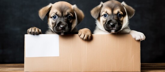 Aufkleber - Two adorable puppies sit in a cardboard box with a empty sign on display, ideal for adding text or graphics with copy space image.