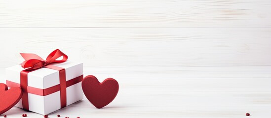 Poster - Two romantic Valentine's Day gift boxes, one red and one white, arranged on a white wooden table background with empty space for text or a logo. with copy space image. Place for adding text or design