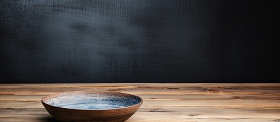 Poster - Rustic wooden surface showcasing a Japanese handmade ceramic bowl with unique ceramic texture and copy space image.