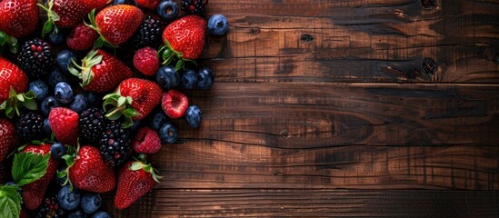 Aufkleber - Wooden table adorned with fresh ripe strawberries, blueberries, and blackberries in a top-down view, leaving room for a copy space image.