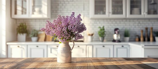 Canvas Print - Kitchen interior. Bouquet of lilac on kitchen table. with copy space image. Place for adding text or design