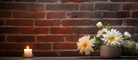 Aufkleber - Flowers and a candle displayed on a table with a brick wall in the background, creating a picturesque scene with copy space image.