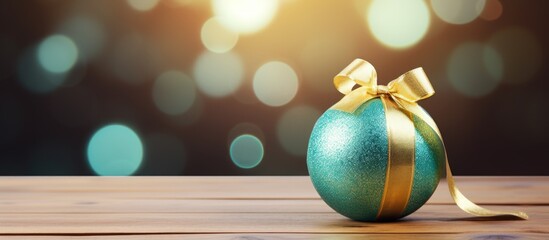 Wall Mural - A Golden gift box and a green Christmas ball are placed on a wooden table with a blurred blue background for copy space image.