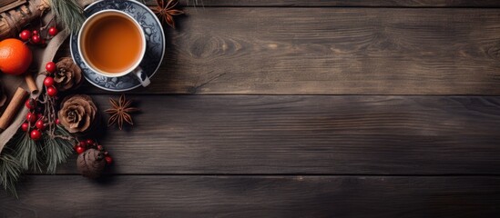 Poster - A charming Christmas card features a rustic wooden background adorned with tree branches, balls, a scarf, and a cup of tea, with ample copy space; seen from above.