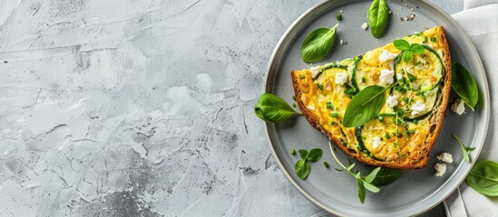 Aufkleber - Italian frittata with zucchini, green herbs, and feta cheese sandwich displayed on a plate, accompanied by a copy space image.