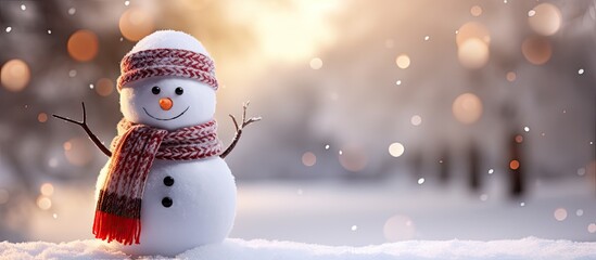Poster - Snowman wearing a hat and scarf in front of a blurred background with shallow depth of field, creating a copy space image.