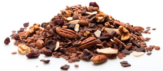 Aufkleber - Chocolate granola cereal with nuts set against a white background, providing ample copy space image.