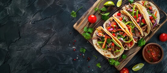 Top view of Mexican beef tacos with salsa and vegetables on a wooden board against a dark background, showing copy space image.