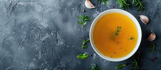 Aufkleber - Top view of a healthy bowl of broth against a gray background with ample copy space image for a panorama banner.