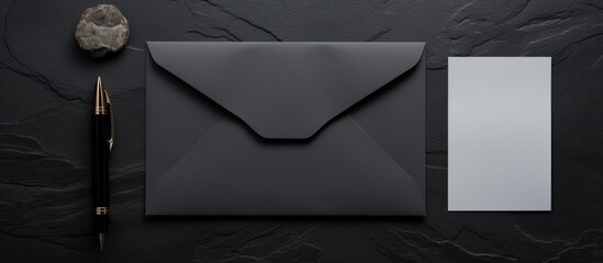 Poster - Blank paper envelope, pen, and clip on a black stone background, creating a blank stationery template with copy space image.