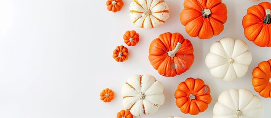 Poster - A Halloween-themed image featuring white and orange pumpkins from a top view on a white background with copy space image.