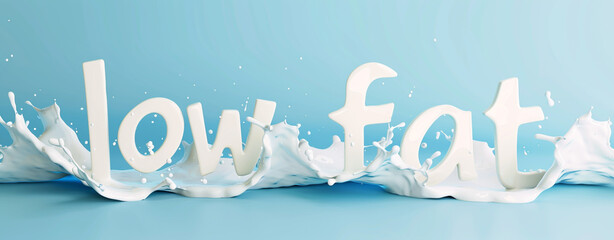 The words low fat written in liquid milk on a blue background
