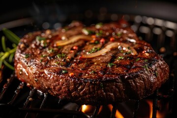 Close-up of a deliciously grilled steak with seasoning on a barbecue, showcasing perfect grill marks and mouth-watering juiciness.
