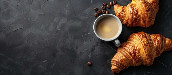Leinwandbilder - Top view of delicious croissants with butter, a cup of coffee on a black background providing copy space image.