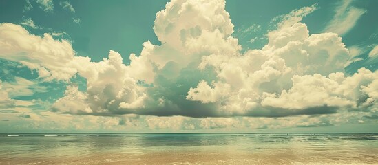 Poster - Tropical beach scene with blue sky, white clouds, and a textured background for summer travel concept. Vintage color filter with copy space image.