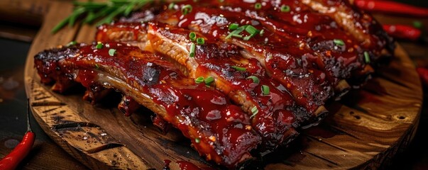 Wall Mural - Mouthwatering barbecued ribs glazed with BBQ sauce, garnished with herbs on a wooden board. A perfect meal for any BBQ enthusiast.