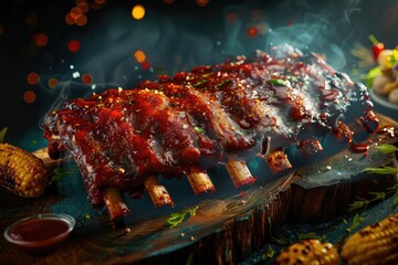 Wall Mural - Delicious, smoky barbecued ribs garnished with herbs, served with grilled corn and vibrant bokeh background, perfect for culinary visuals.