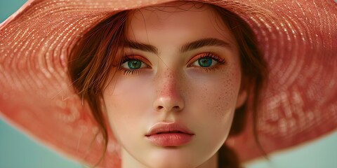 Canvas Print - Fashion model wearing a peach hat with half her face obscured in a close-up shot. Concept Fashion model, Peach hat, Close-up shot, Obscured face, Stylish portrait