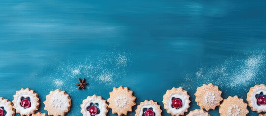 Poster - Austrian Linzer cookies with raspberry filling on blue wooden backdrop. Top view shot emphasizing winter holiday theme, with ample copy space image.