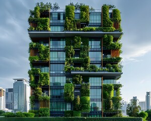 Poster - Lush Vertical Garden Adorning Eco Friendly High Rise in Innovative Smart City Concept