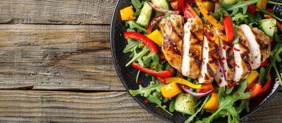 Wall Mural - plate of chicken salad with vegetables on wooden table. Copy space image. Place for adding text or design