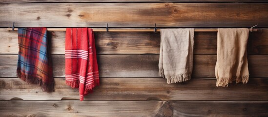 Aufkleber - Kitchen textiles displayed on a rustic wooden backdrop with ample copy space image available.