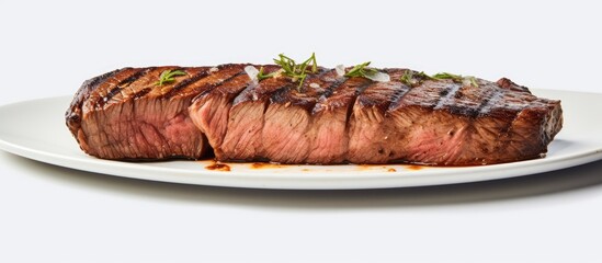 Aufkleber - A menu item featuring a medium rare New York strip steak with a white background and copy space image.
