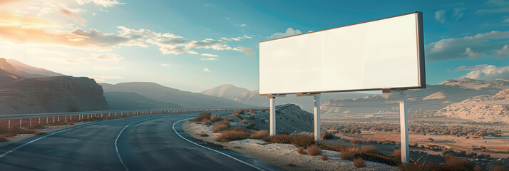 Sleek modern white signboard along a highway, empty space for advertising, mountains in the distance