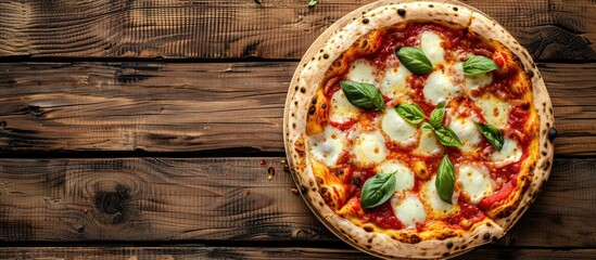 Poster - Top-down view of a Pizza Margherita displayed on a wooden surface, with ample copy space available in the image.