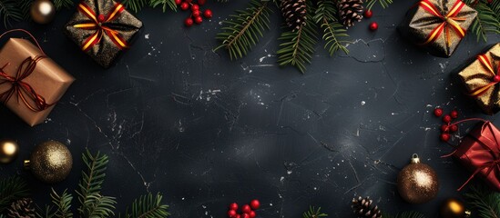 Poster - Background with Christmas decorations and gift boxes, including copy space image.