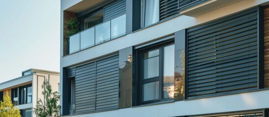 Aufkleber - Exterior of contemporary building with roller blinds on windows, external shutters on French windows, balcony, and copy space image available.
