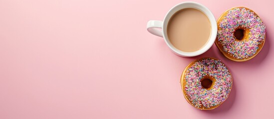 Fototapete - Breakfast with coffee and donuts on a pink background with copy space image.